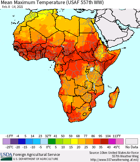Africa Maximum Temperature (USAF 557th WW) Thematic Map For 2/8/2021 - 2/14/2021