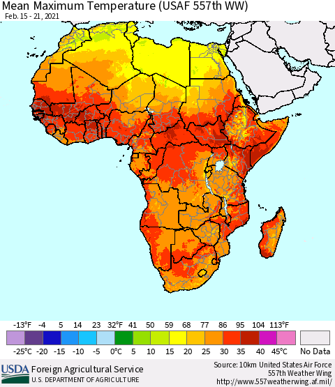 Africa Maximum Temperature (USAF 557th WW) Thematic Map For 2/15/2021 - 2/21/2021