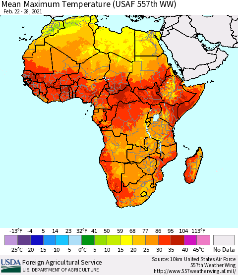 Africa Maximum Temperature (USAF 557th WW) Thematic Map For 2/22/2021 - 2/28/2021
