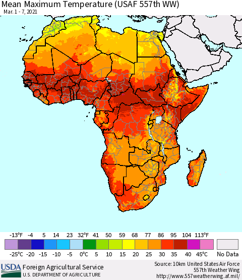 Africa Maximum Temperature (USAF 557th WW) Thematic Map For 3/1/2021 - 3/7/2021