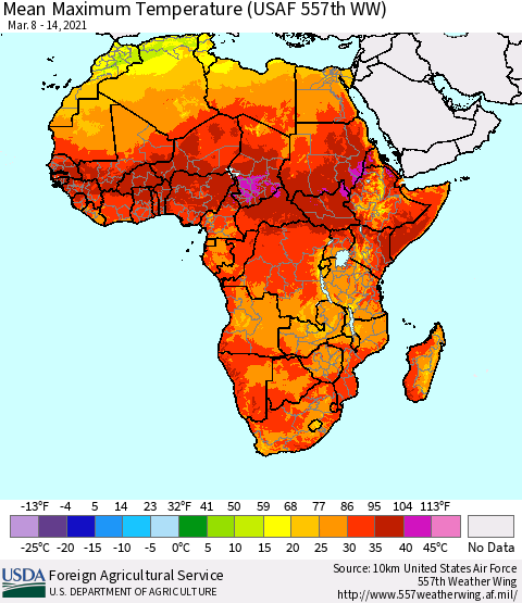 Africa Maximum Temperature (USAF 557th WW) Thematic Map For 3/8/2021 - 3/14/2021