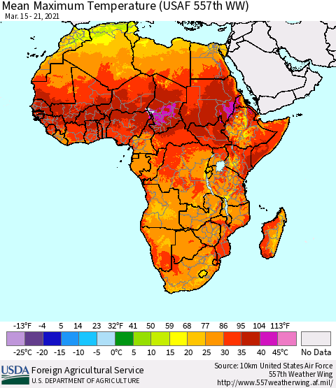 Africa Maximum Temperature (USAF 557th WW) Thematic Map For 3/15/2021 - 3/21/2021