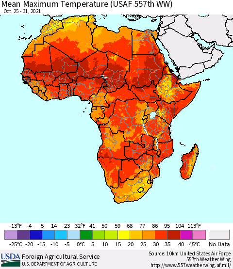 Africa Maximum Temperature (USAF 557th WW) Thematic Map For 10/25/2021 - 10/31/2021