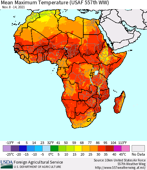 Africa Maximum Temperature (USAF 557th WW) Thematic Map For 11/8/2021 - 11/14/2021