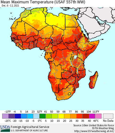 Africa Maximum Temperature (USAF 557th WW) Thematic Map For 12/6/2021 - 12/12/2021