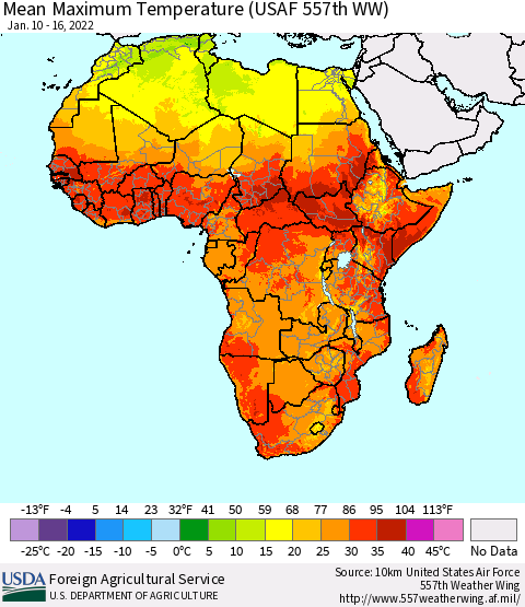 Africa Mean Maximum Temperature (USAF 557th WW) Thematic Map For 1/10/2022 - 1/16/2022