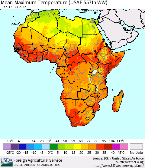 Africa Maximum Temperature (USAF 557th WW) Thematic Map For 1/17/2022 - 1/23/2022