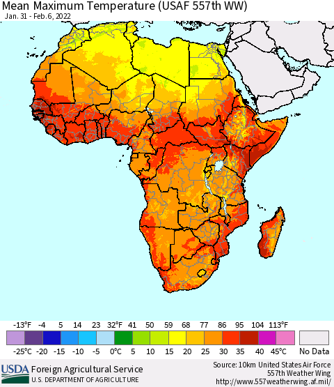 Africa Maximum Temperature (USAF 557th WW) Thematic Map For 1/31/2022 - 2/6/2022