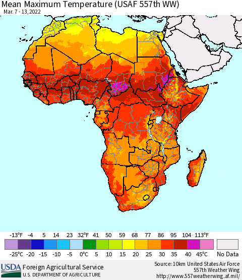 Africa Maximum Temperature (USAF 557th WW) Thematic Map For 3/7/2022 - 3/13/2022