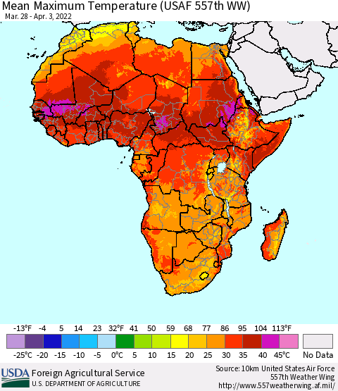 Africa Maximum Temperature (USAF 557th WW) Thematic Map For 3/28/2022 - 4/3/2022