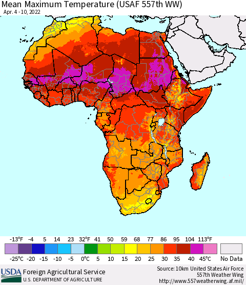Africa Mean Maximum Temperature (USAF 557th WW) Thematic Map For 4/4/2022 - 4/10/2022