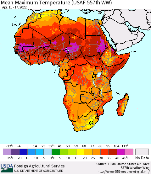 Africa Mean Maximum Temperature (USAF 557th WW) Thematic Map For 4/11/2022 - 4/17/2022