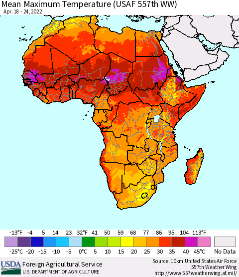 Africa Mean Maximum Temperature (USAF 557th WW) Thematic Map For 4/18/2022 - 4/24/2022
