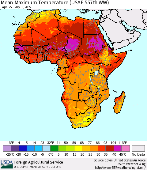 Africa Mean Maximum Temperature (USAF 557th WW) Thematic Map For 4/25/2022 - 5/1/2022