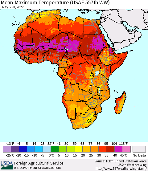 Africa Mean Maximum Temperature (USAF 557th WW) Thematic Map For 5/2/2022 - 5/8/2022