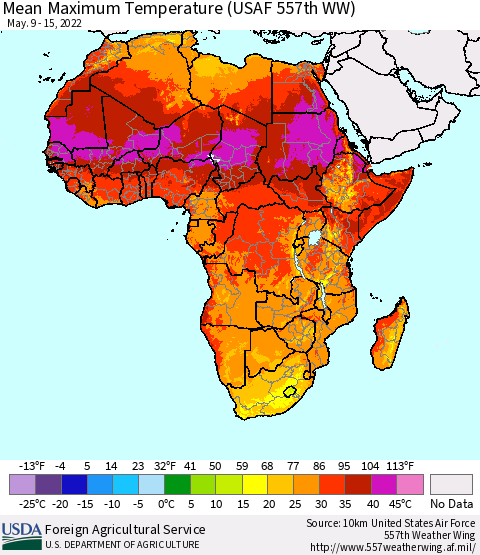 Africa Mean Maximum Temperature (USAF 557th WW) Thematic Map For 5/9/2022 - 5/15/2022