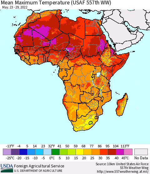 Africa Mean Maximum Temperature (USAF 557th WW) Thematic Map For 5/23/2022 - 5/29/2022