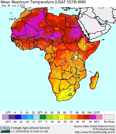 Africa Mean Maximum Temperature (USAF 557th WW) Thematic Map For 5/30/2022 - 6/5/2022