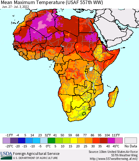 Africa Mean Maximum Temperature (USAF 557th WW) Thematic Map For 6/27/2022 - 7/3/2022