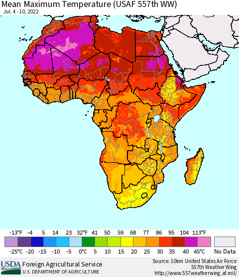 Africa Mean Maximum Temperature (USAF 557th WW) Thematic Map For 7/4/2022 - 7/10/2022