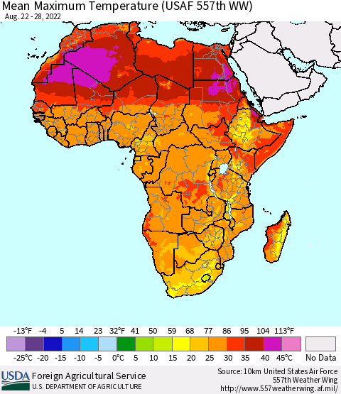 Africa Mean Maximum Temperature (USAF 557th WW) Thematic Map For 8/22/2022 - 8/28/2022