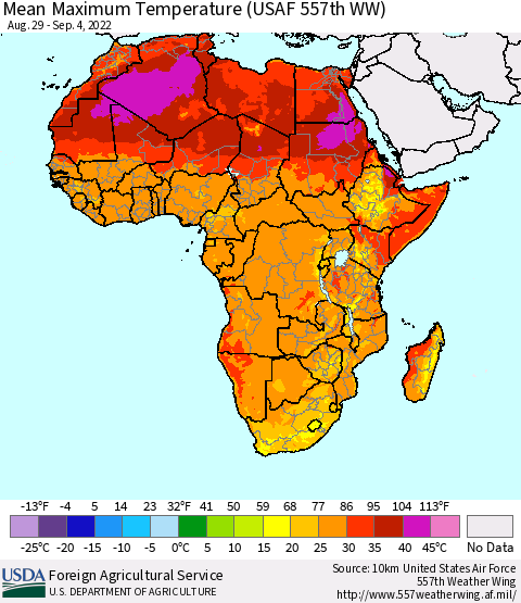 Africa Mean Maximum Temperature (USAF 557th WW) Thematic Map For 8/29/2022 - 9/4/2022