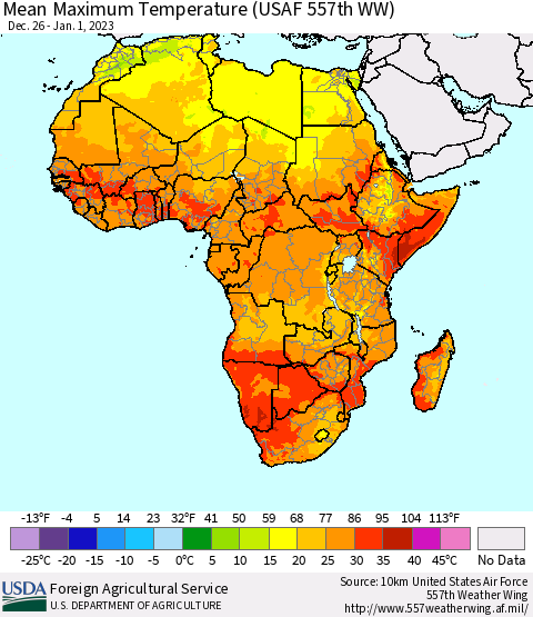 Africa Mean Maximum Temperature (USAF 557th WW) Thematic Map For 12/26/2022 - 1/1/2023