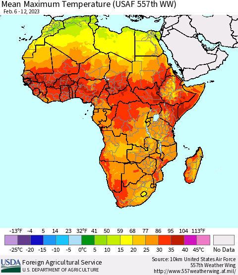 Africa Mean Maximum Temperature (USAF 557th WW) Thematic Map For 2/6/2023 - 2/12/2023