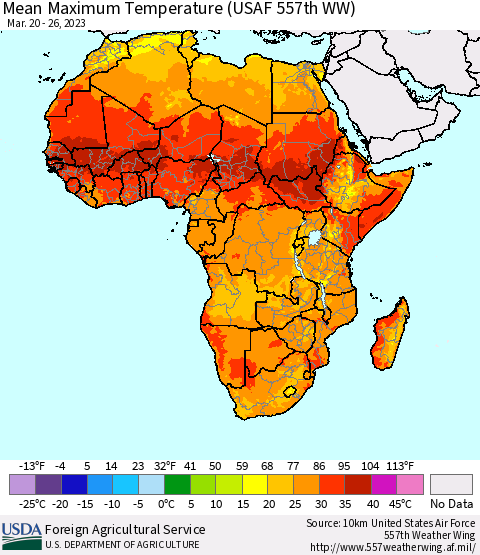 Africa Mean Maximum Temperature (USAF 557th WW) Thematic Map For 3/20/2023 - 3/26/2023