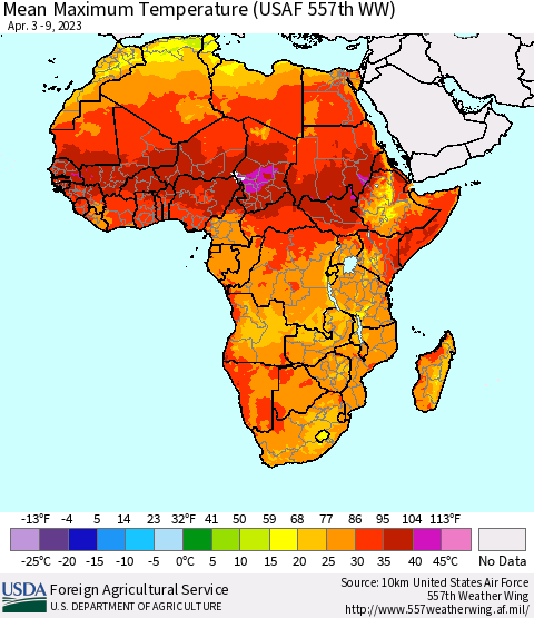 Africa Mean Maximum Temperature (USAF 557th WW) Thematic Map For 4/3/2023 - 4/9/2023
