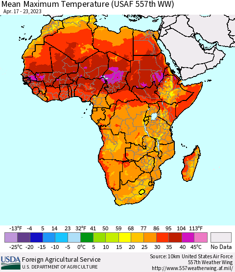 Africa Mean Maximum Temperature (USAF 557th WW) Thematic Map For 4/17/2023 - 4/23/2023