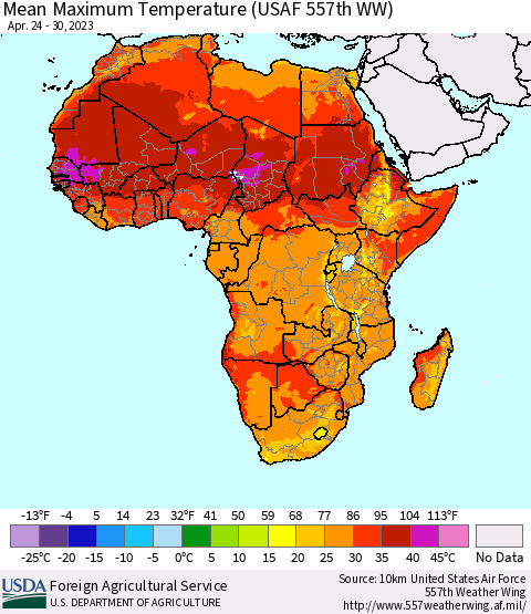 Africa Mean Maximum Temperature (USAF 557th WW) Thematic Map For 4/24/2023 - 4/30/2023