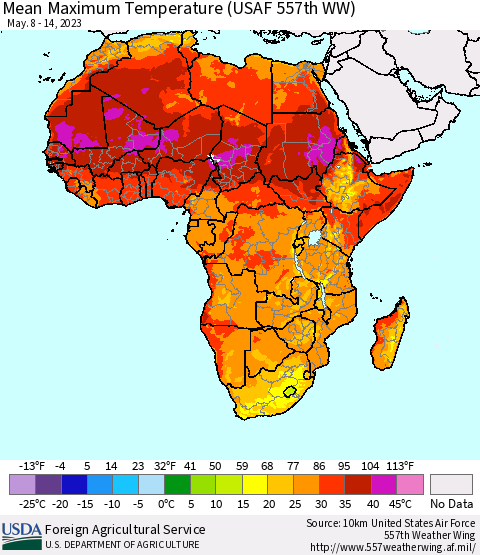 Africa Mean Maximum Temperature (USAF 557th WW) Thematic Map For 5/8/2023 - 5/14/2023