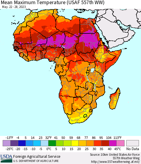 Africa Mean Maximum Temperature (USAF 557th WW) Thematic Map For 5/22/2023 - 5/28/2023