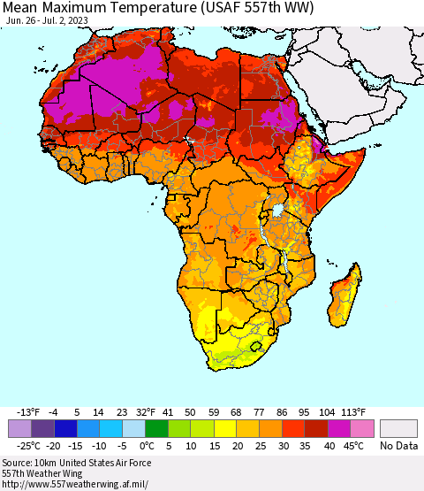 Africa Mean Maximum Temperature (USAF 557th WW) Thematic Map For 6/26/2023 - 7/2/2023