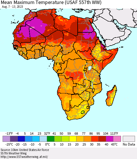 Africa Mean Maximum Temperature (USAF 557th WW) Thematic Map For 8/7/2023 - 8/13/2023