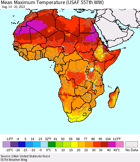 Africa Mean Maximum Temperature (USAF 557th WW) Thematic Map For 8/14/2023 - 8/20/2023