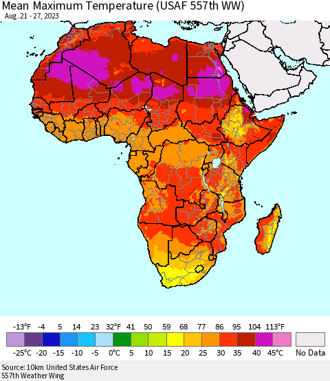 Africa Mean Maximum Temperature (USAF 557th WW) Thematic Map For 8/21/2023 - 8/27/2023