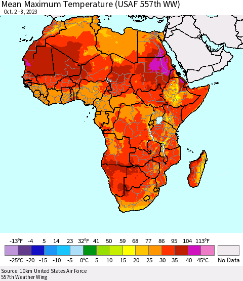 Africa Mean Maximum Temperature (USAF 557th WW) Thematic Map For 10/2/2023 - 10/8/2023