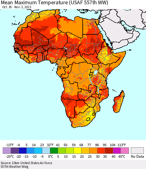 Africa Mean Maximum Temperature (USAF 557th WW) Thematic Map For 10/30/2023 - 11/5/2023