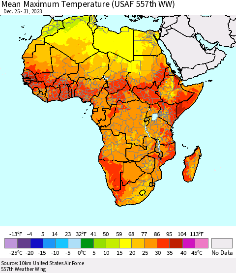 Africa Mean Maximum Temperature (USAF 557th WW) Thematic Map For 12/25/2023 - 12/31/2023
