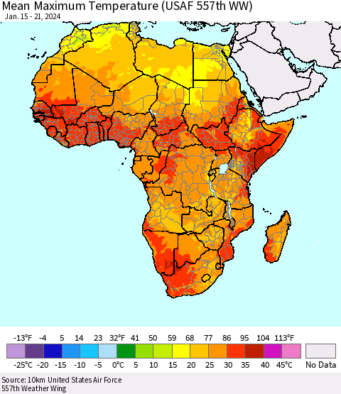 Africa Mean Maximum Temperature (USAF 557th WW) Thematic Map For 1/15/2024 - 1/21/2024