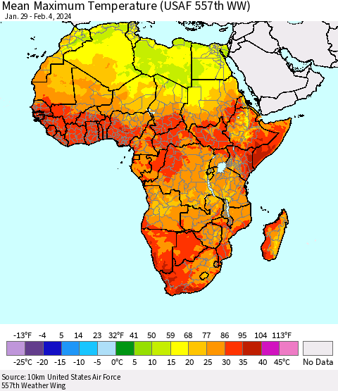 Africa Mean Maximum Temperature (USAF 557th WW) Thematic Map For 1/29/2024 - 2/4/2024