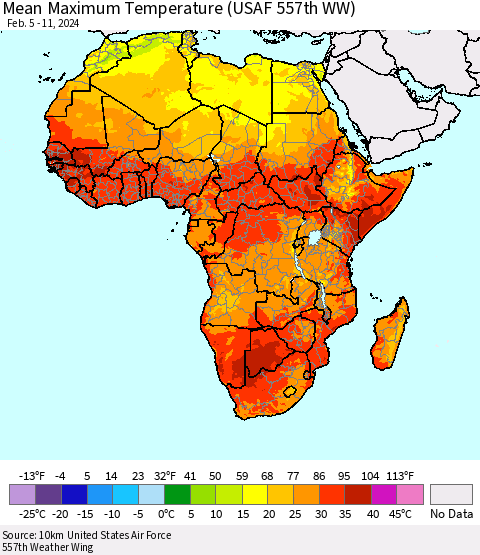 Africa Mean Maximum Temperature (USAF 557th WW) Thematic Map For 2/5/2024 - 2/11/2024