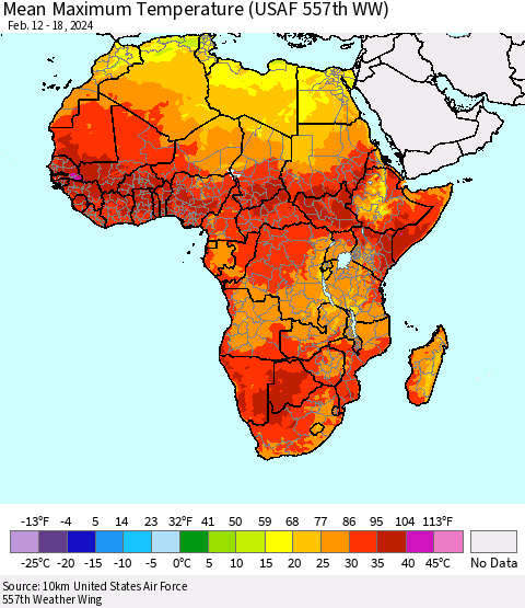 Africa Mean Maximum Temperature (USAF 557th WW) Thematic Map For 2/12/2024 - 2/18/2024