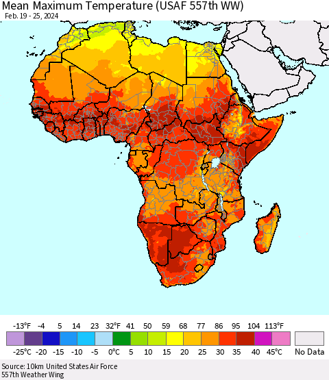 Africa Mean Maximum Temperature (USAF 557th WW) Thematic Map For 2/19/2024 - 2/25/2024