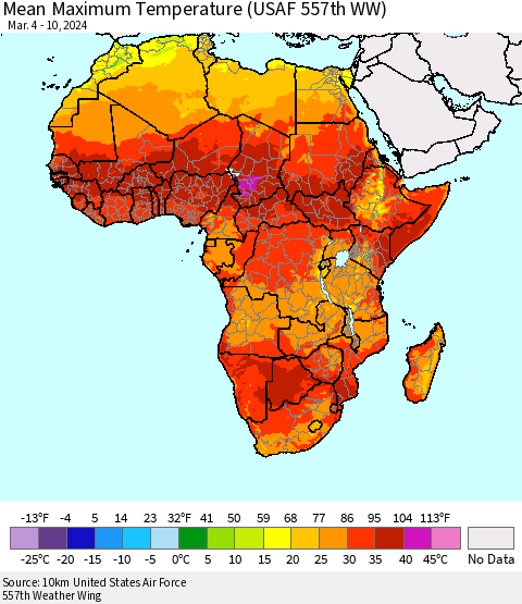 Africa Mean Maximum Temperature (USAF 557th WW) Thematic Map For 3/4/2024 - 3/10/2024