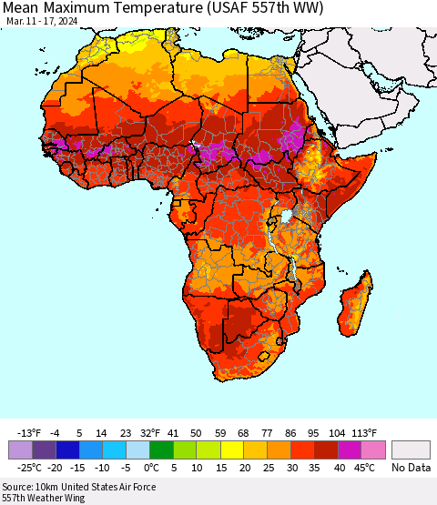 Africa Mean Maximum Temperature (USAF 557th WW) Thematic Map For 3/11/2024 - 3/17/2024
