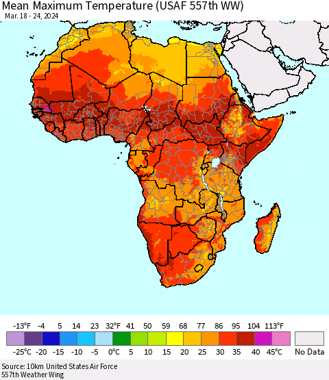 Africa Mean Maximum Temperature (USAF 557th WW) Thematic Map For 3/18/2024 - 3/24/2024