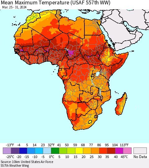 Africa Mean Maximum Temperature (USAF 557th WW) Thematic Map For 3/25/2024 - 3/31/2024